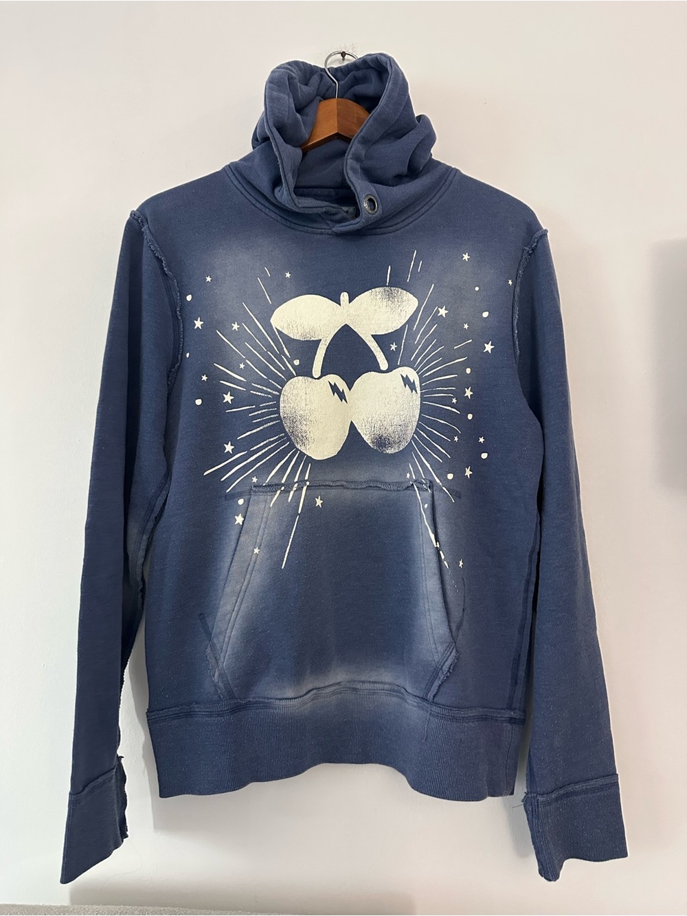 Pacha Ibiza Cherry Hoodie Blue Sunburst Distressed Graphic Sweatshirt Y2K Size S
